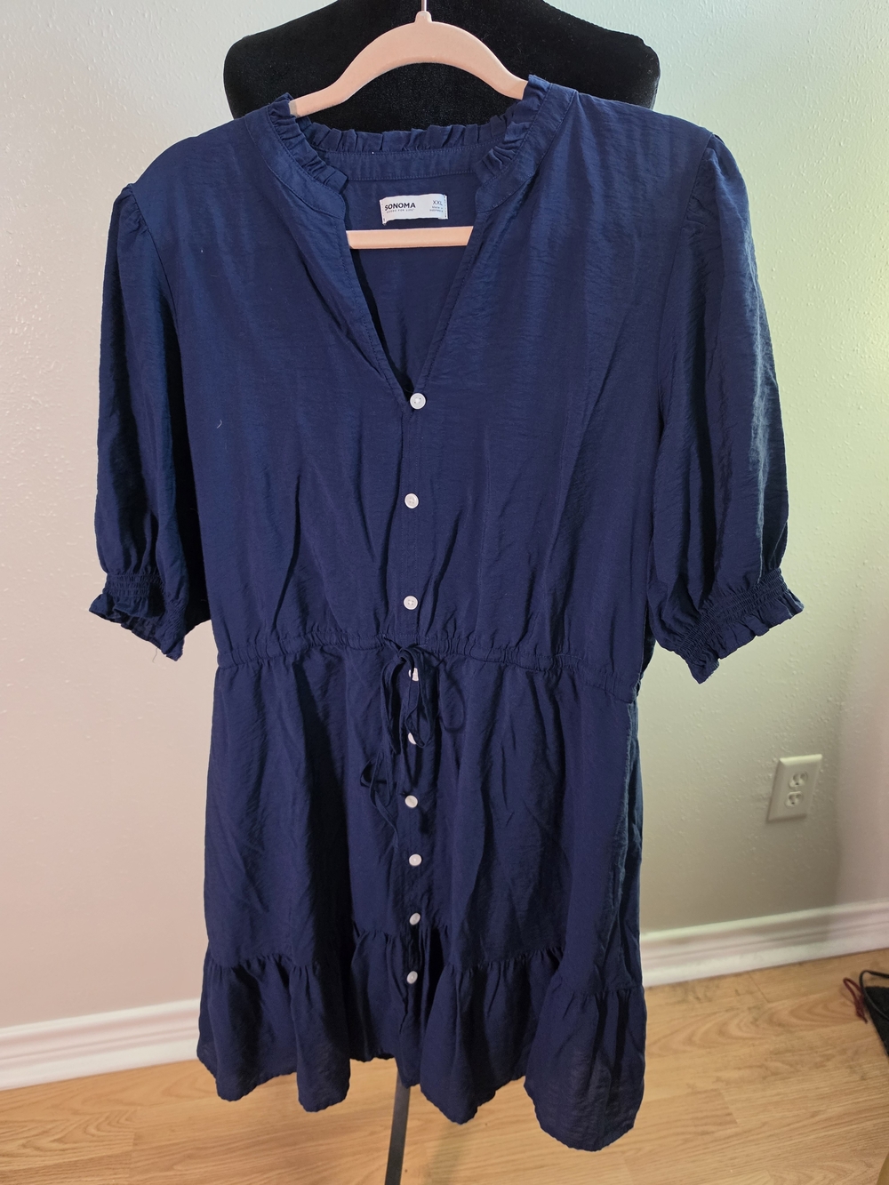 Sonoma Navy Button-Front Tie-Waist Mini Dress